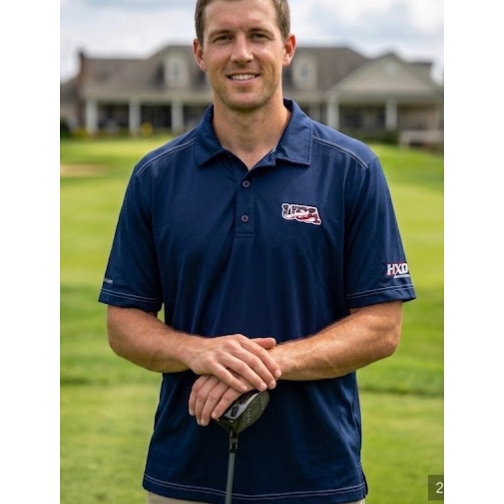 Ontour Mens Navy‎ Blue USA Flag Performance Golf Polo Shirt Size Large HXD Logo